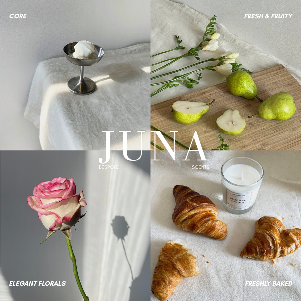 JUNA London scented candles are hand poured using natural soy wax - choose between a range of bespoke scents using premium fragrance and essential oils. Scent ranges include core, fresh and fruity, elegant florals and freshly baked. 