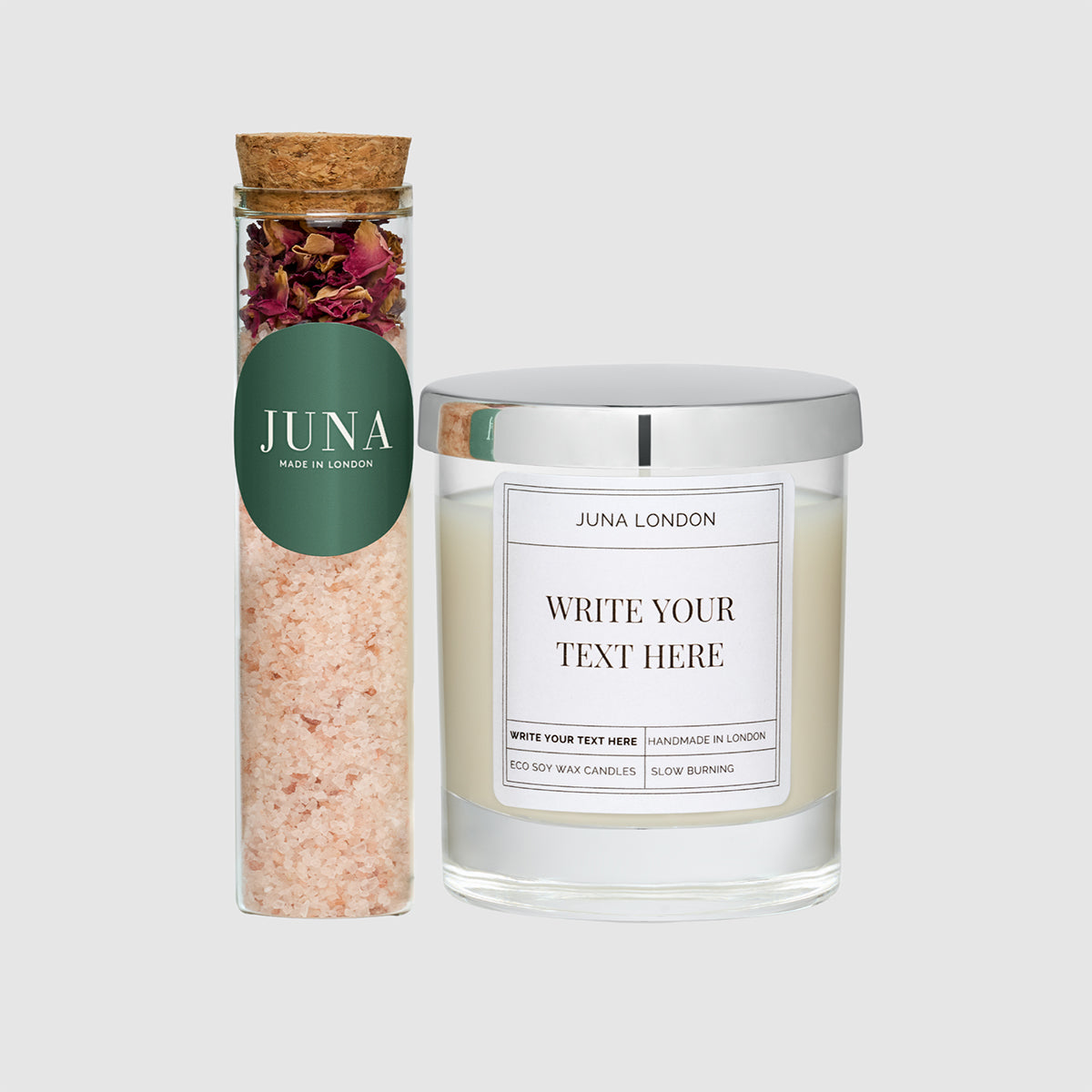 JUNA London candle accessories and add-ons include candle lid, candle snuffer, wick trimmer, indulgent bath salts and gift wrapping options. All designed to make your candle personal to you or your giftee.