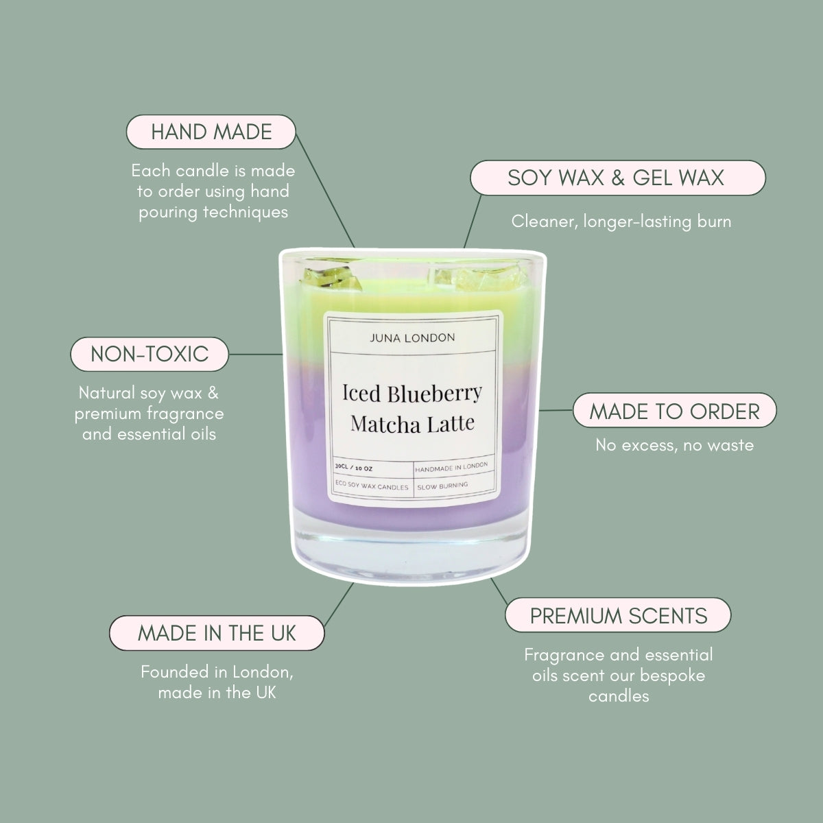 JUNA London The Iced Blueberry Matcha Latte Candle. Handmade with soy wax and  gel wax, scented with matcha and blueberry fragrance and essential oils. Ideal for gifting to matcha lovers.