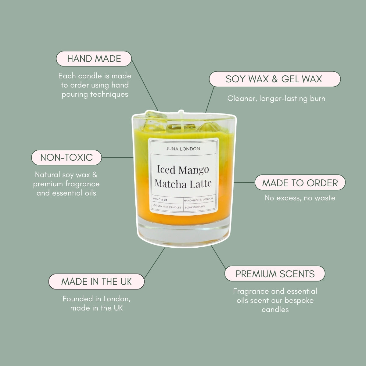 JUNA London The Iced Mango Matcha Latte Candle. Handmade with soy wax and  gel wax, scented with matcha and mango fragrance and essential oils. Ideal for gifting to matcha lovers.