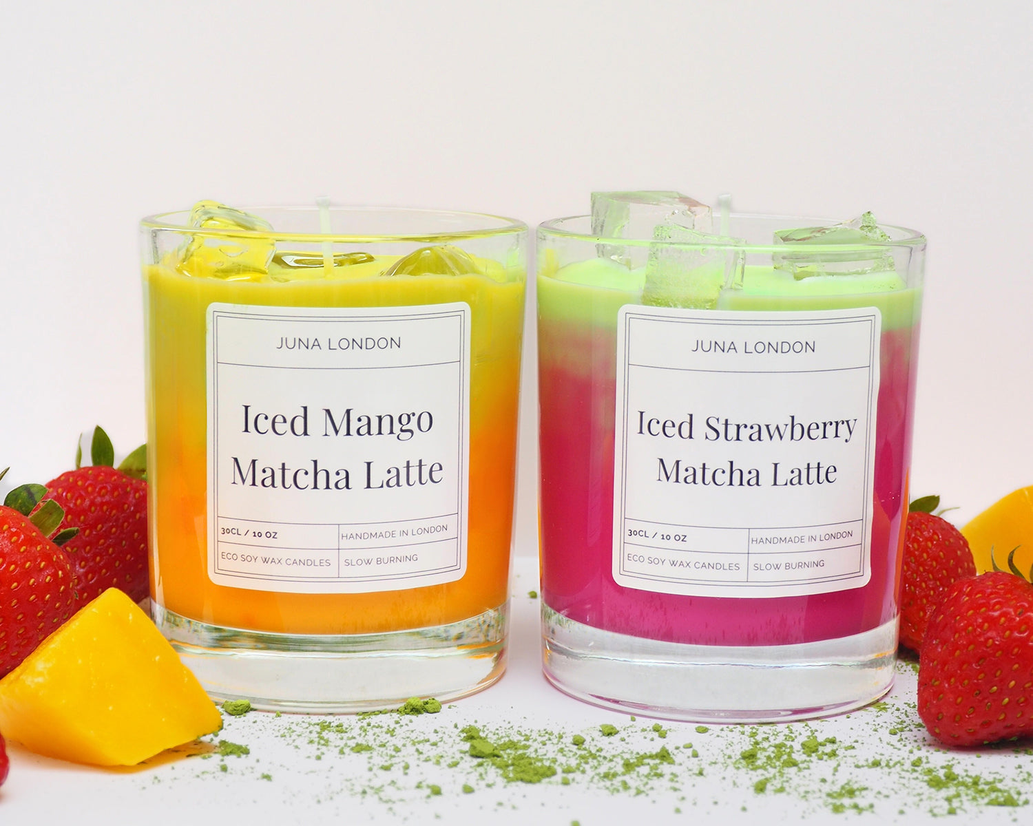 Discover our Iced Mango & Strawberry Matcha Latte Candles, hand poured using a combination of soy and gel wax. 