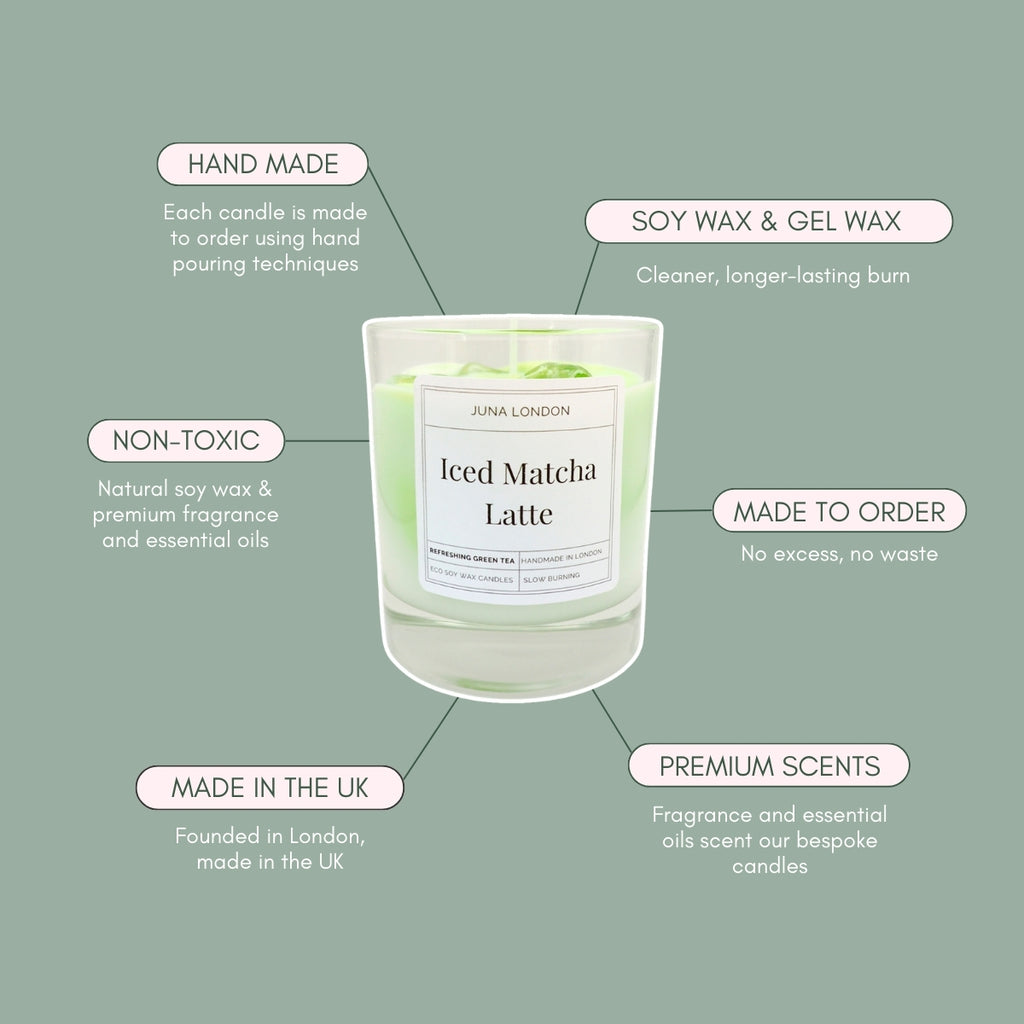 A decorative, vibrant candle to adorn any shelf, dresser or bedside table. Handcrafted from a combination of gel and soy wax, known for their clean and long-lasting burn time. Jelly-like ice cubes are a tactile, hyper-realistic touch making our Iced Matcha Latte Candle one of a kind.