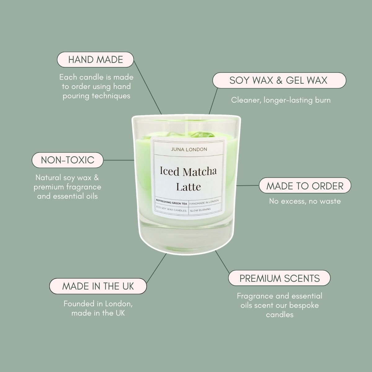 A decorative, vibrant candle to adorn any shelf, dresser or bedside table. Handcrafted from a combination of gel and soy wax, known for their clean and long-lasting burn time. Jelly-like ice cubes are a tactile, hyper-realistic touch making our Iced Matcha Latte Candle one of a kind.