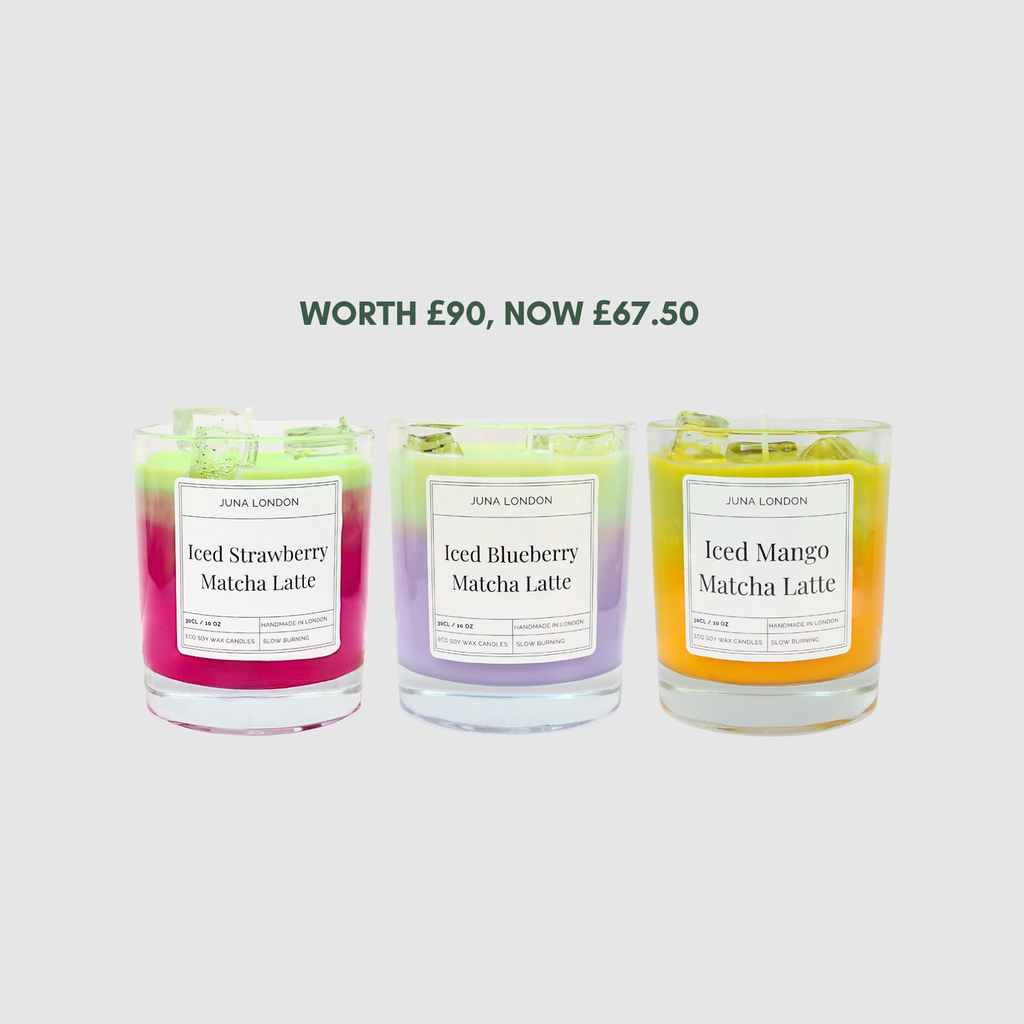 Calling all matcha-lovers! Save an amazing 25% off the full Iced Matcha Latte trio (WORTH £90, NOW £67.50), ideal for gifting to your matcha besties this festive season. Discover our trio of matcha blends - Strawberry, Blueberry &amp; Mango. Burn past the first quarter of the candle and the fruity scent further intensifies...