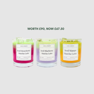 Calling all matcha-lovers! Save an amazing 25% off the full Iced Matcha Latte trio (WORTH £90, NOW £67.50), ideal for gifting to your matcha besties this festive season. Discover our trio of matcha blends - Strawberry, Blueberry &amp; Mango. Burn past the first quarter of the candle and the fruity scent further intensifies...