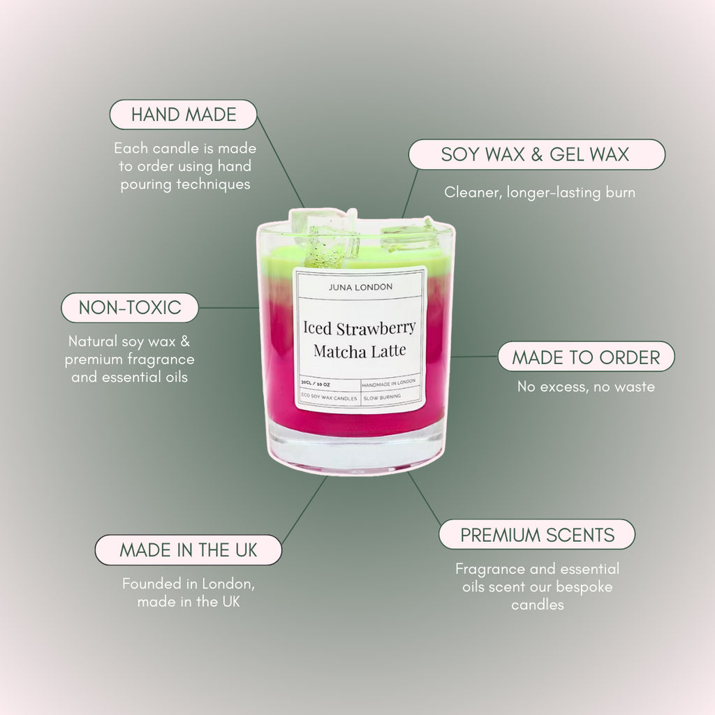A decorative, vibrant candle to adorn any shelf, dresser or bedside table. Handcrafted from a combination of gel and soy wax, known for their clean and long-lasting burn time. Jelly-like ice cubes are a tactile, hyper-realistic touch making our Iced Strawberry Matcha Latte Candle one of a kind - the perfect gift idea for the matcha-obsessed. 