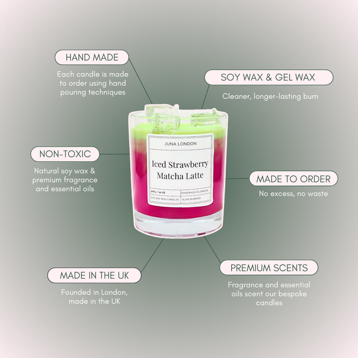 A decorative, vibrant candle to adorn any shelf, dresser or bedside table. Handcrafted from a combination of gel and soy wax, known for their clean and long-lasting burn time. Jelly-like ice cubes are a tactile, hyper-realistic touch making our Iced Strawberry Matcha Latte Candle one of a kind - the perfect gift idea for the matcha-obsessed. 