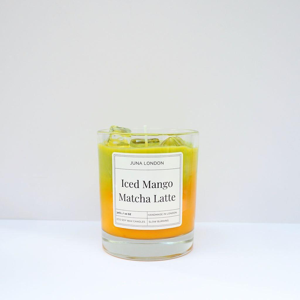 JUNA London The Iced Mango Matcha Latte Candle. Handmade with soy wax and  gel wax, scented with matcha and mango fragrance and essential oils. Ideal for gifting to matcha lovers.