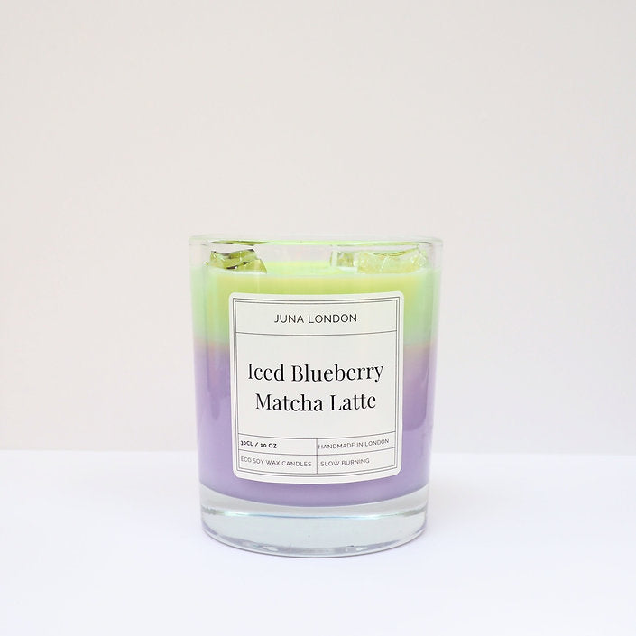 JUNA London The Iced Blueberry Matcha Latte Candle. Handmade with soy wax and  gel wax, scented with matcha and blueberry fragrance and essential oils. Ideal for gifting to matcha lovers.