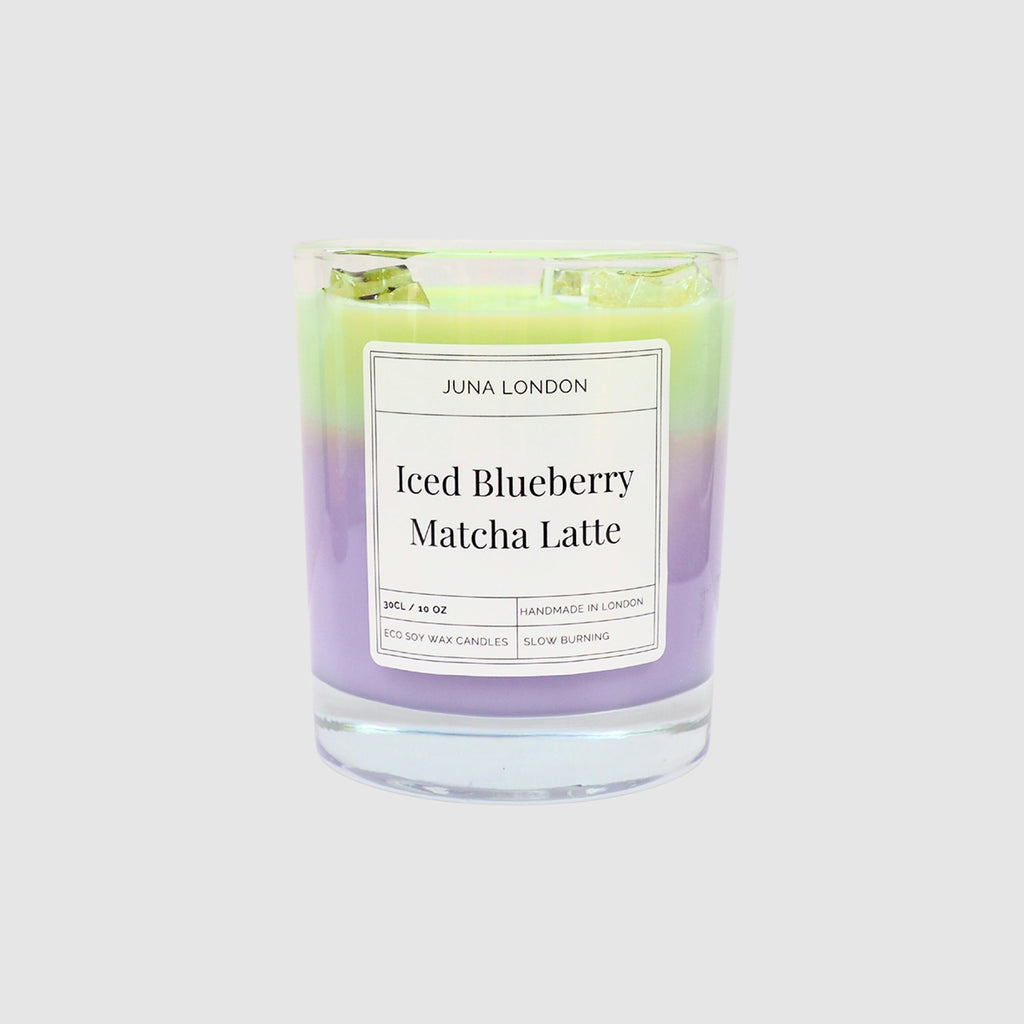 JUNA London The Iced Blueberry Matcha Latte Candle. Handmade with soy wax and  gel wax, scented with matcha and blueberry fragrance and essential oils. Ideal for gifting to matcha lovers.