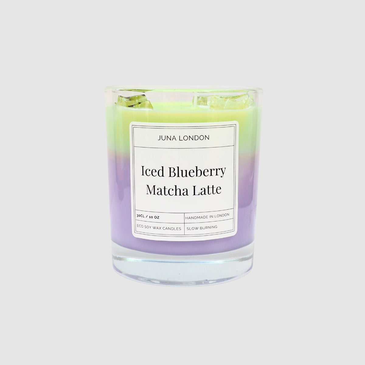 JUNA London The Iced Blueberry Matcha Latte Candle. Handmade with soy wax and  gel wax, scented with matcha and blueberry fragrance and essential oils. Ideal for gifting to matcha lovers.