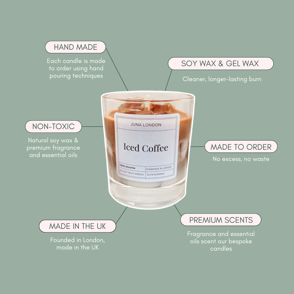 A decorative, vibrant candle to adorn any shelf, dresser or bedside table. Handcrafted from a combination of gel and soy wax, known for their clean and long-lasting burn time. Jelly-like ice cubes are a tactile, hyper-realistic touch making our Iced Coffee Candle one of a kind.