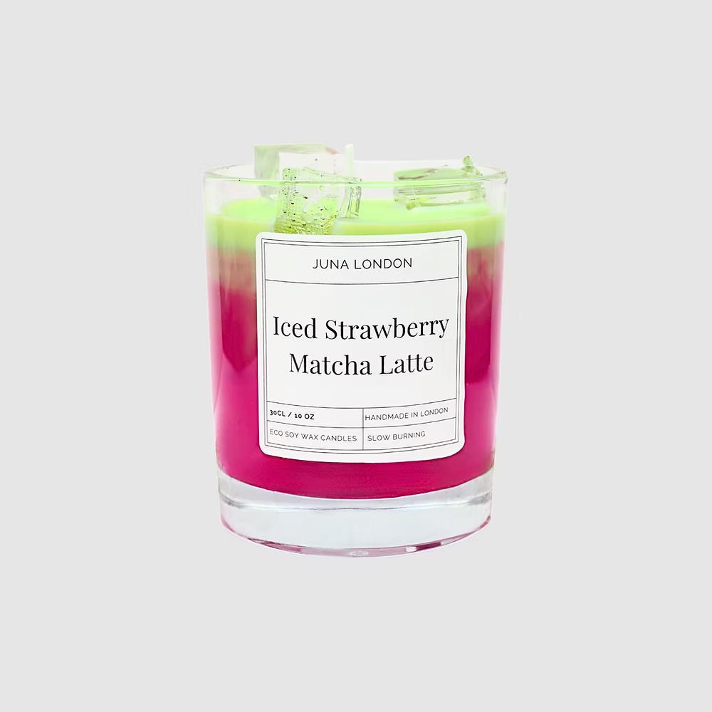 A decorative, vibrant candle to adorn any shelf, dresser or bedside table. Handcrafted from a combination of gel and soy wax, known for their clean and long-lasting burn time. Jelly-like ice cubes are a tactile, hyper-realistic touch making our Iced Strawberry Matcha Latte Candle one of a kind - the perfect gift idea for the matcha-obsessed. 