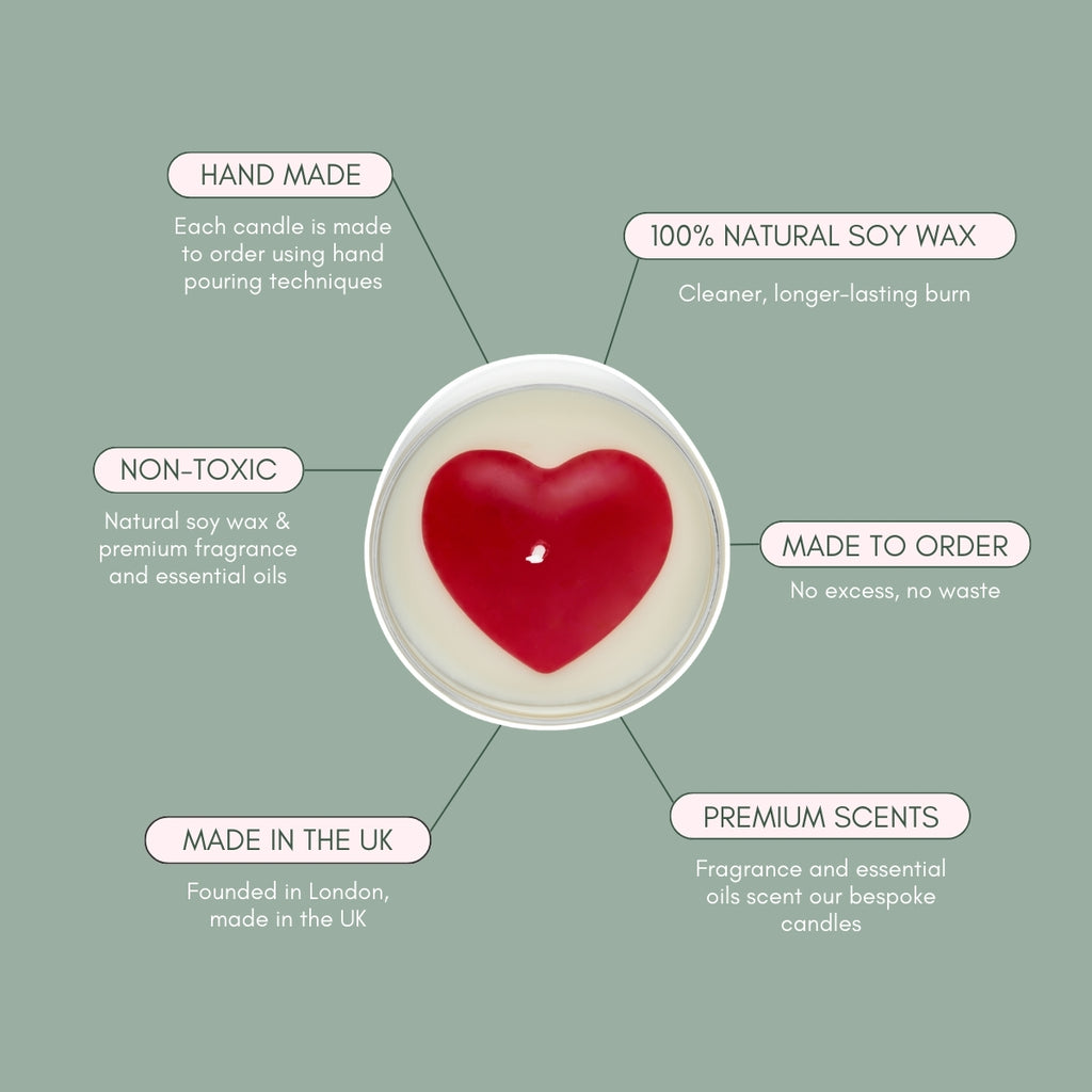 Hearts are not just for Valentines - show your friends and family the love all year round with our Red Heart Candle. Handcrafted and made to order, this much-loved design is topped with a 3D soy wax heart. 