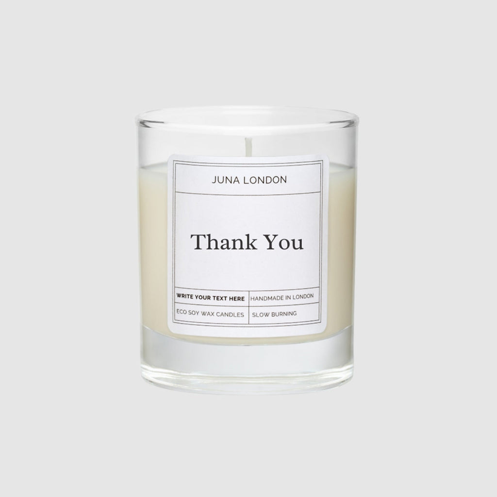 
Express your gratitude in candle form with our personalised soy wax candles. Make our Thank You Candle your own by adding a personalised message and choosing your giftee's favourite scent from our range of bespoke fragrances. Every one of our candles is made to order using hand poured soy wax, a high-quality wax known for its clean, long-lasting burn time. With a range of add-ons and gift wrapping options available, we think you'll find our candles make for the perfect gifts.