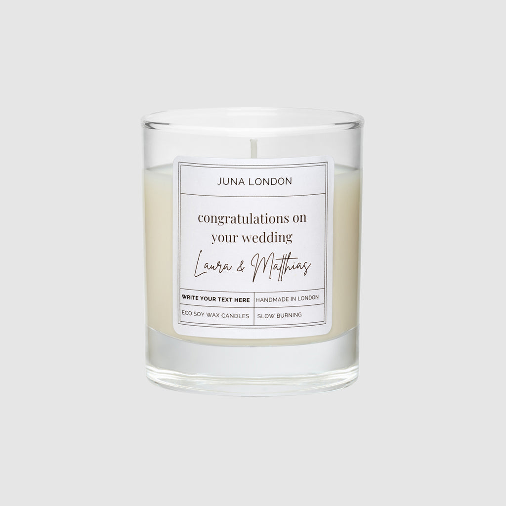 Congratulate the happy couple on their wedding with our personalised Wedding Candle. Make it as unique as the newlyweds themselves by adding their names and selecting their favourite scent from our range of bespoke fragrances.