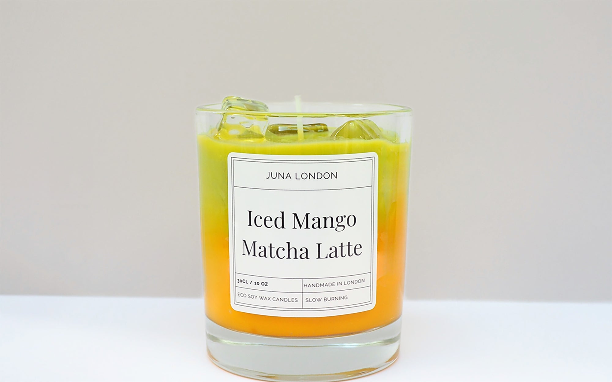 Our fan-favourite Iced Matcha Latte Candle with a mango boost. Handmade with eco soy wax and fragranced with matcha and mango fragrance and essential oils.