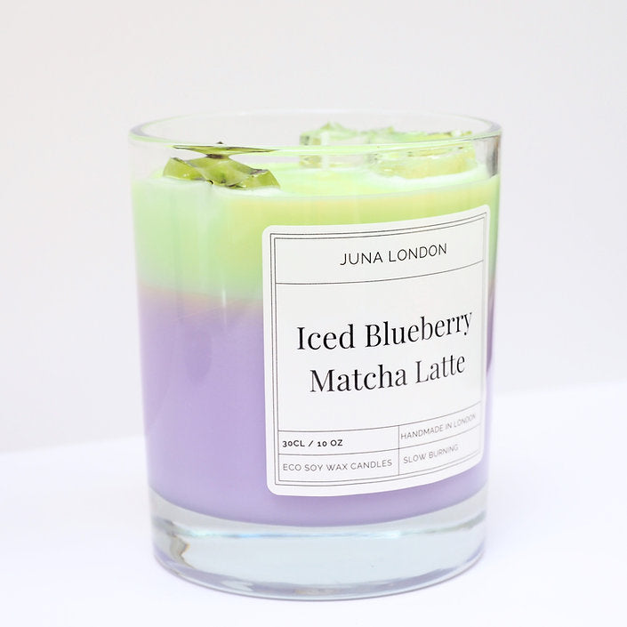 JUNA London The Iced Blueberry Matcha Latte Candle. Handmade with soy wax and  gel wax, scented with matcha and blueberry fragrance and essential oils. Ideal for gifting to matcha lovers.